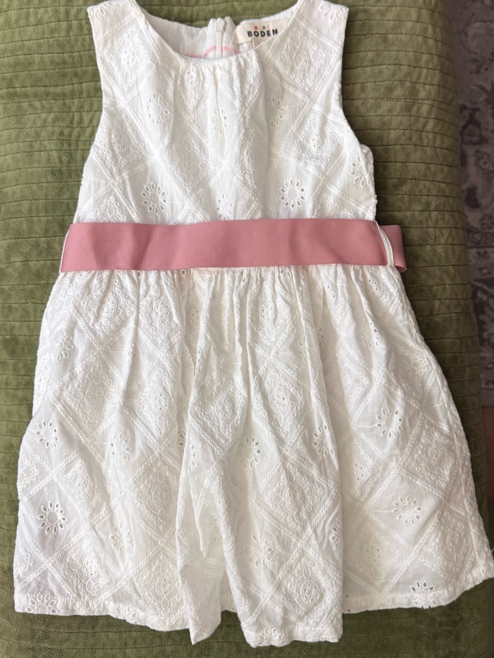 Mini Boden White Eyelet Dress with Pink Sash